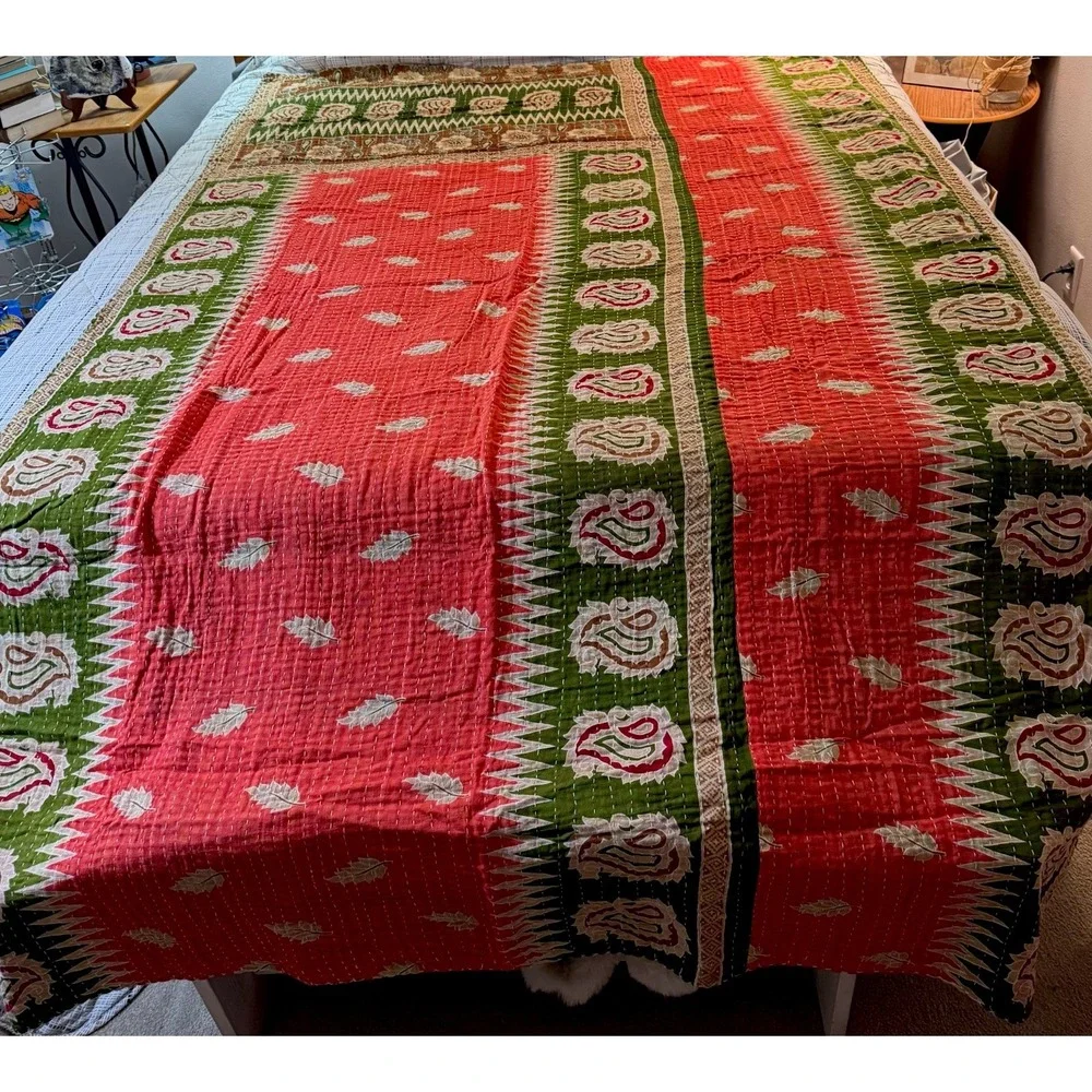 Kantha Quilt Twin Handmade Reversible Indian Cotton Bedspread Throw 86x54 Boho
